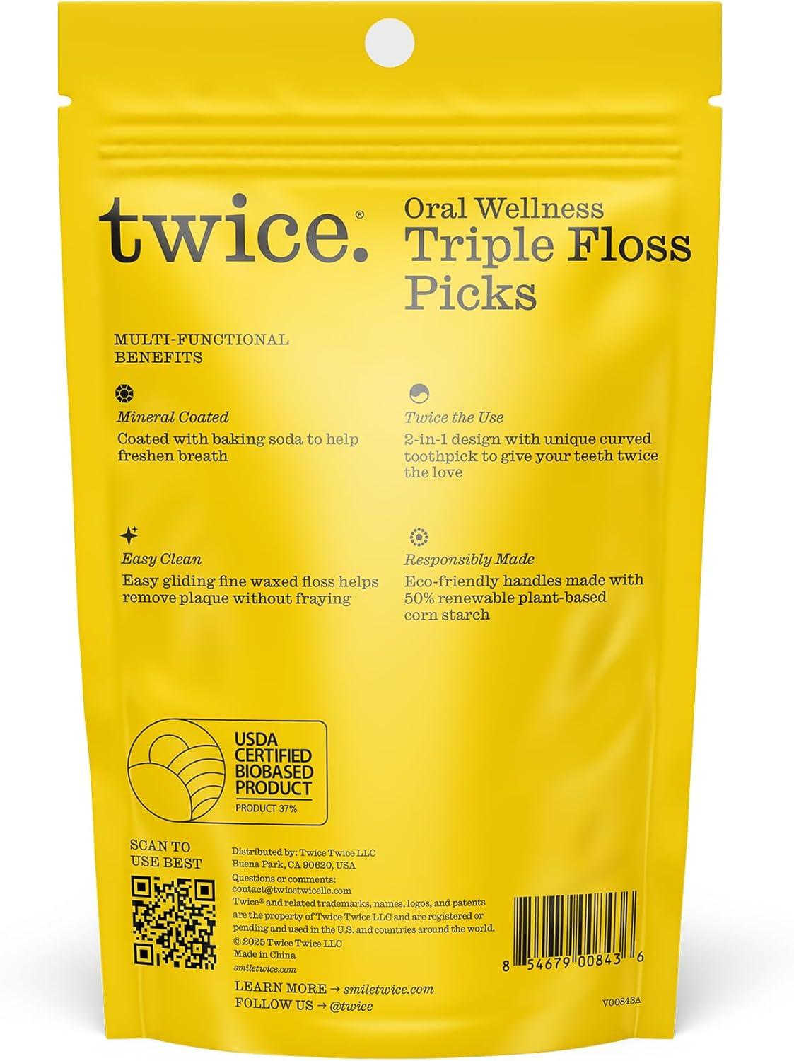 image:imageTwice 3Strand Floss Picks Dual Action Flosser amp Toothpick WaxCoated Floss amp EcoFriendly Cornstarch Handles Vegan Shred Resistant Strong Mint 75 Ct75 Count Pack of 3