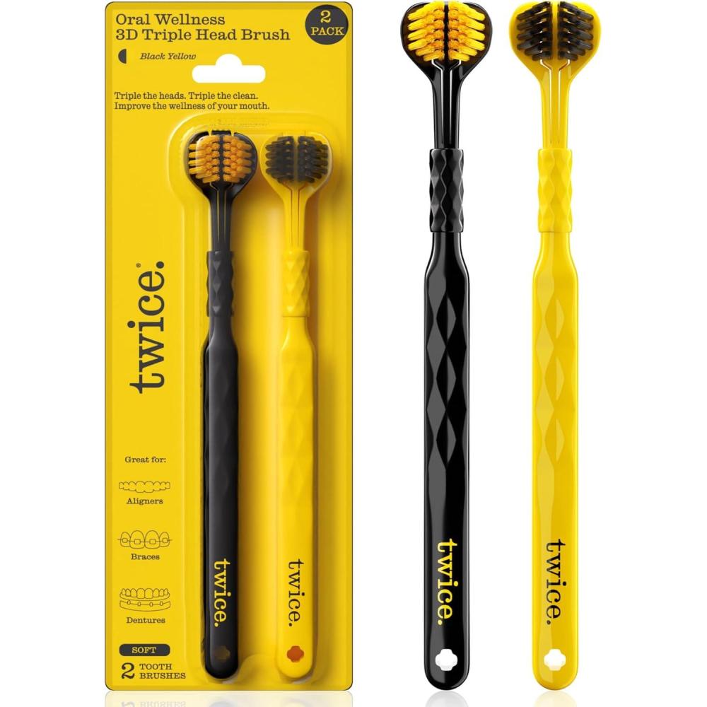 image:imageTWICE 3D TripleHead Toothbrush Soft Bristles for Sensitive Gums with Advanced 3Sided Design to Effectively Remove Plaque Also Suitable for Braces Aligners amp Dentures 2 Count1 Count Pack of 2