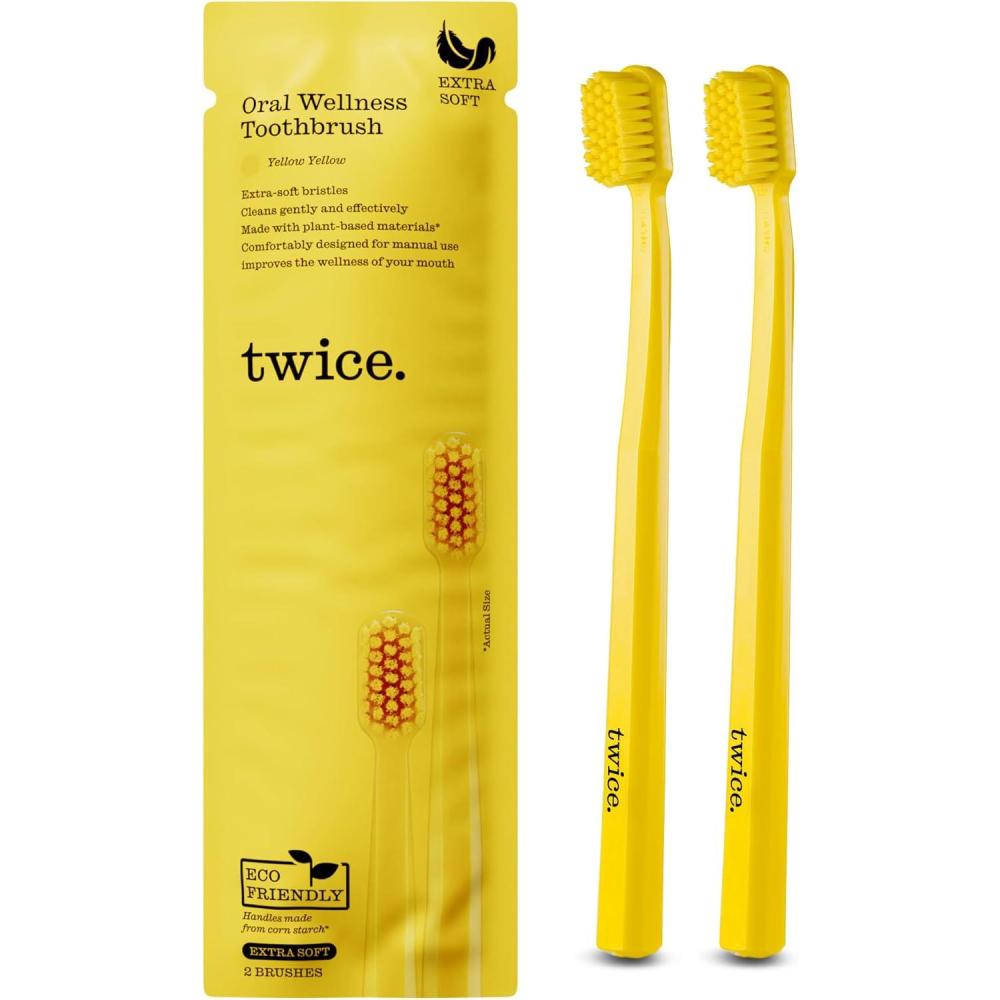image:imageTWICE Oral Wellness Yellow Toothbrush Extra Soft Bristles EcoFriendly PlantBased Handle Gentle Cleaning for Sensitive Teeth amp Gums 2 Count2 Count Pack of 1