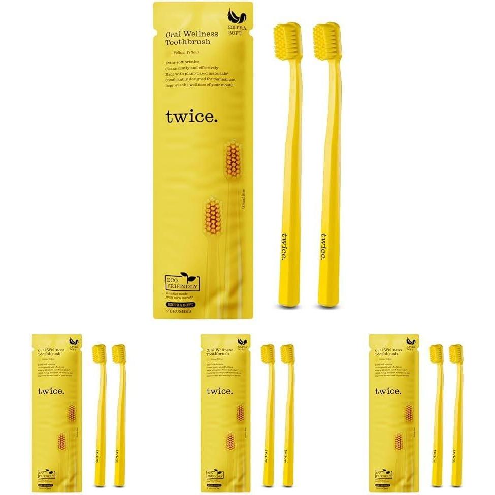 image:imageTWICE Oral Wellness Yellow Toothbrush  Extra Soft Bristles EcoFriendly PlantBased Handle Gentle Cleaning for Sensitive Teeth amp Gums 2 Count2 Count Pack of 4