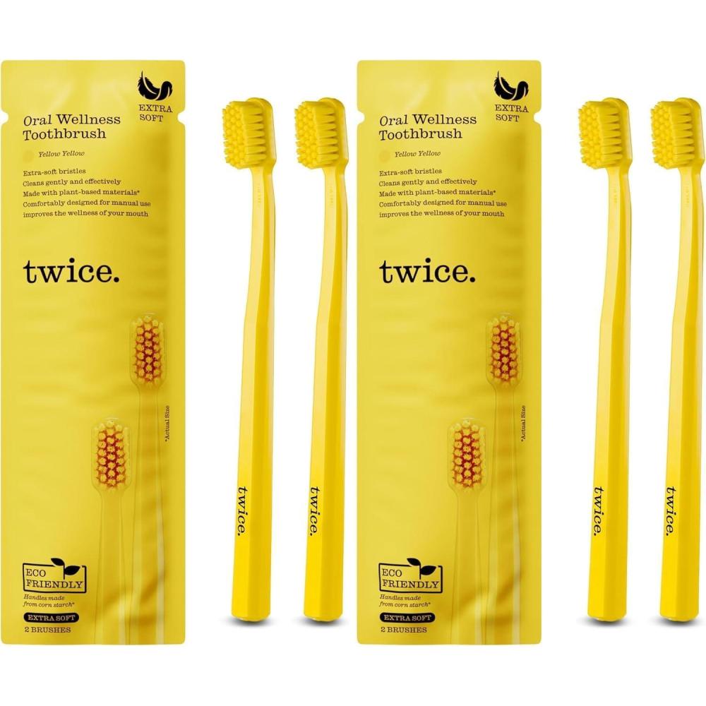 image:imageTWICE Oral Wellness Yellow Toothbrush Extra Soft Bristles EcoFriendly PlantBased Handle Gentle Cleaning for Sensitive Teeth amp Gums 2 Count2 Count Pack of 2