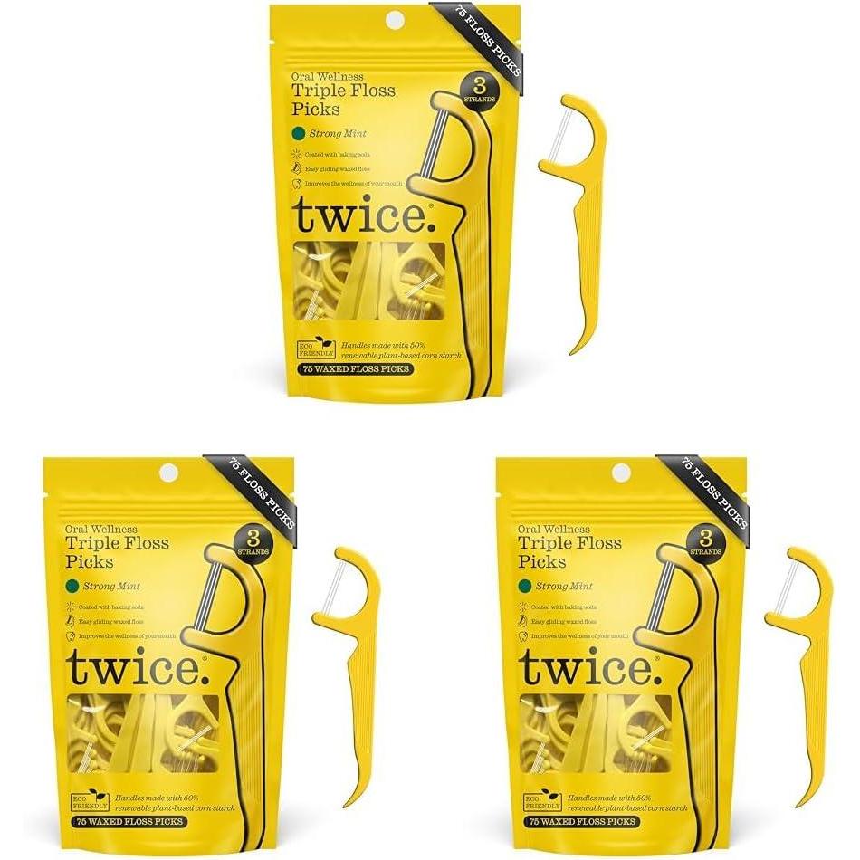image:imageTwice 3Strand Floss Picks  Dual Action Flosser amp Toothpick WaxCoated Floss amp EcoFriendly Cornstarch Handles Vegan Shred Resistant Strong Mint 75 Ct75 Count Pack of 3
