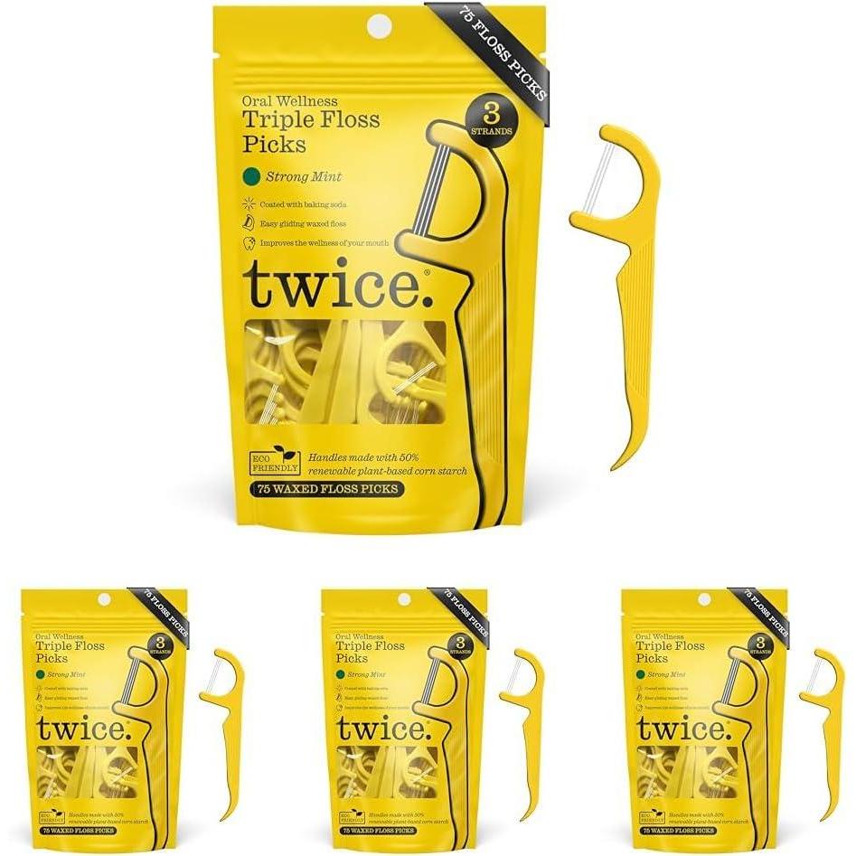 image:imageTwice 3Strand Floss Picks  Dual Action Flosser amp Toothpick WaxCoated Floss amp EcoFriendly Cornstarch Handles Vegan Shred Resistant Strong Mint 75 Ct75 Count Pack of 4