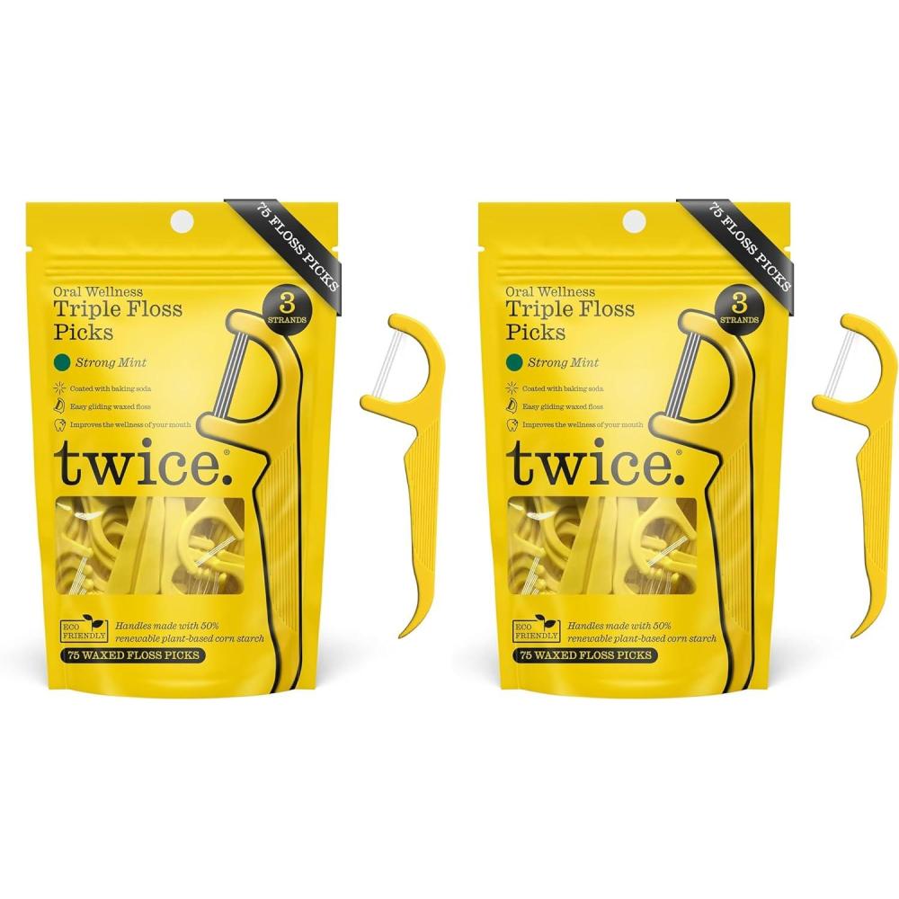 image:imageTwice 3Strand Floss Picks  Dual Action Flosser amp Toothpick WaxCoated Floss amp EcoFriendly Cornstarch Handles Vegan Shred Resistant Strong Mint 75 Ct75 Count Pack of 2