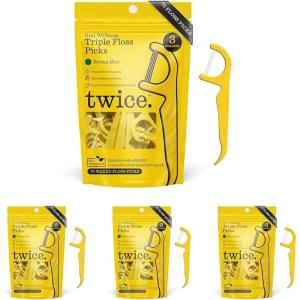 Twice 3-Strand Floss Picks – Dual Action Flosser & Toothpick, Wax-Coated Floss & Eco-Friendly Cornstarch Handles, Vegan, Shred Resistant, Strong Mint, 75 Ct(75 Count (Pack of 4))
