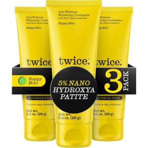 Twice 5% Nano Hydroxyapatite Whitening Toothpaste – Fluoride & Peroxide Free, Vegan, Gentle Triple-Action Clean for Everyday Oral Care – Happy Mint – 3.4oz, Pack of 3(3.4 Fl Oz (Pack of 3))