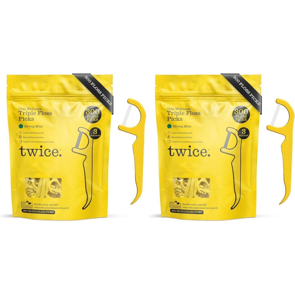 image:imageTwice 3Strand Floss Picks  Dual Action Flosser amp Toothpick WaxCoated Floss amp EcoFriendly Cornstarch Handles Vegan Shred Resistant Strong Mint 300 Ct300 Count Pack of 2
