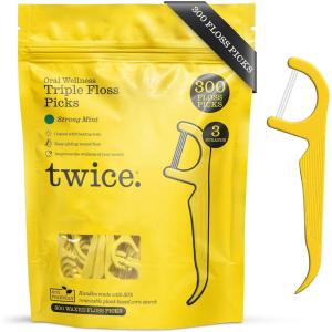Twice 3-Strand Floss Picks – Dual Action Flosser & Toothpick, Wax-Coated Floss & Eco-Friendly Cornstarch Handles, Vegan, Shred Resistant, Strong Mint, 300 Ct(300 Count (Pack of 1))